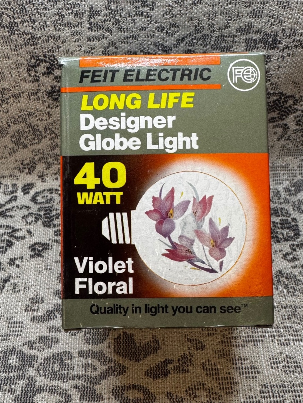 Rare Vintage Feit Electric Long Life Designer Globe Light Violet Floral 40 Watt